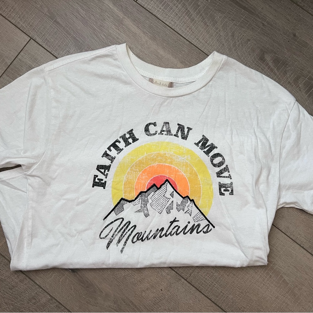 White Graphic Tee with Mountain Design